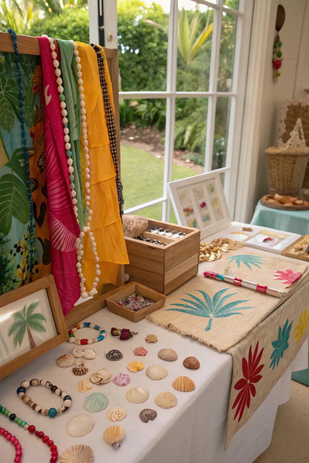 A crafting spot for assembling tropical mementos.