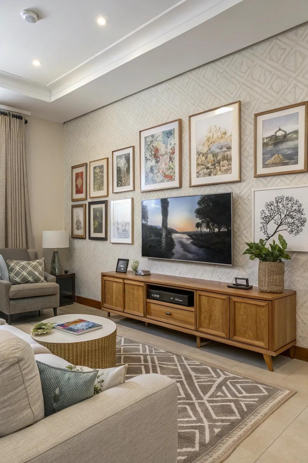 Artistic Television seamlessly integrates within this stylish gallery partition exhibit.