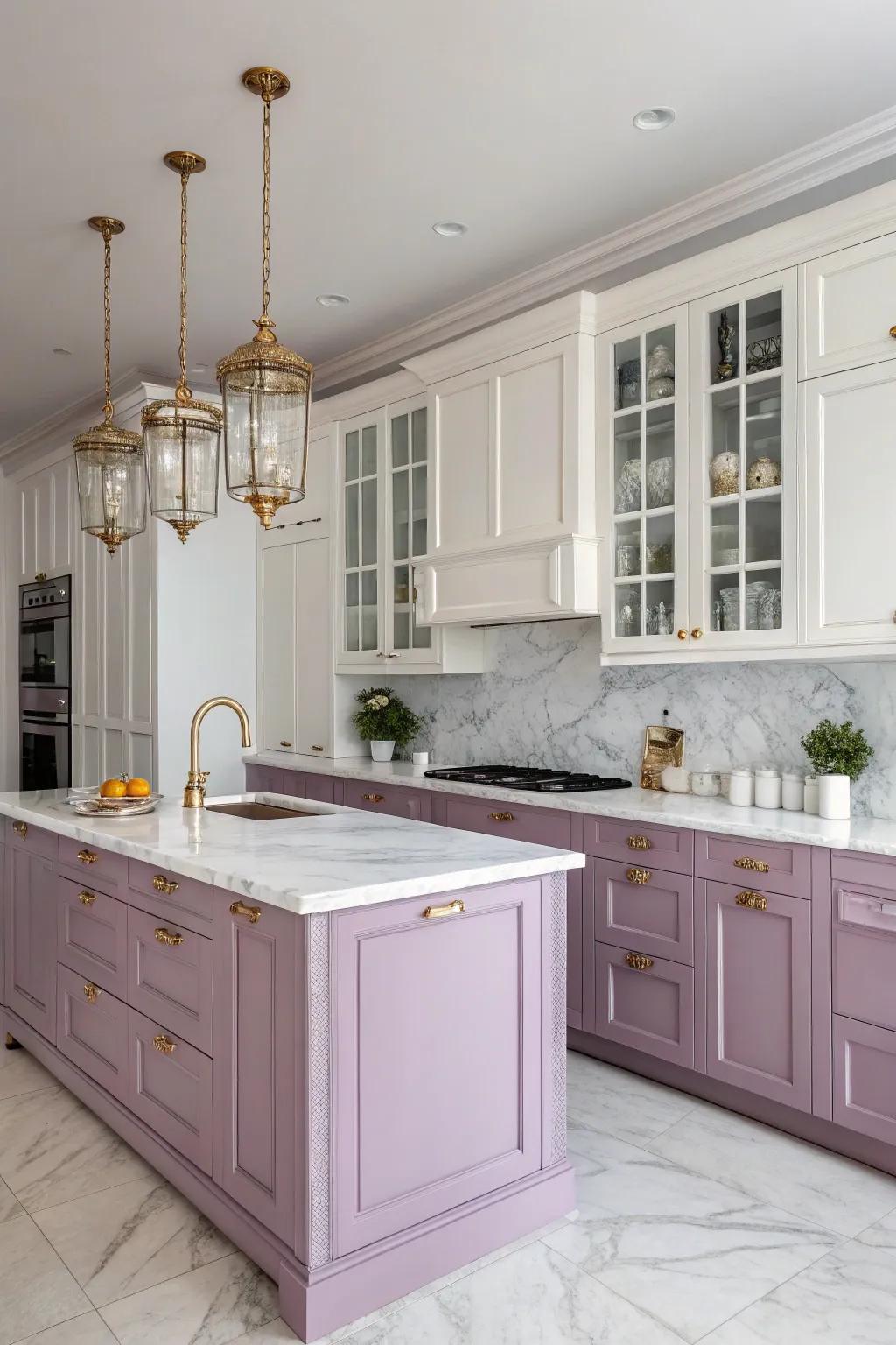 An elegant lavender and white kitchen for a refined look.