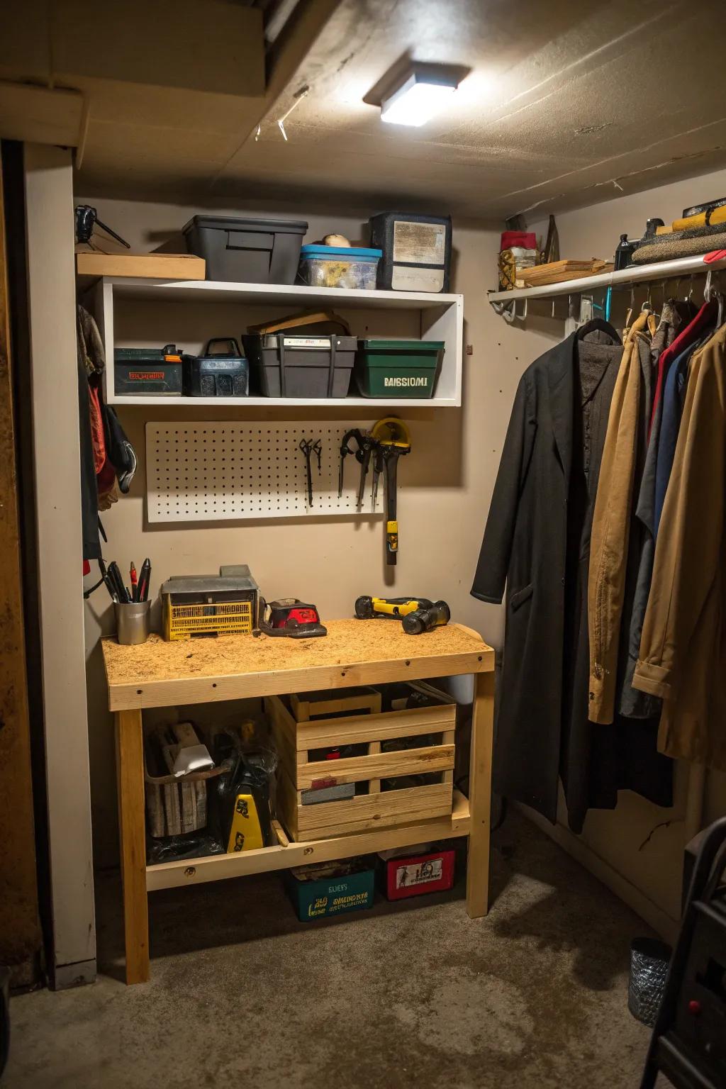 A workbench adds versatility for hobbies and repairs.