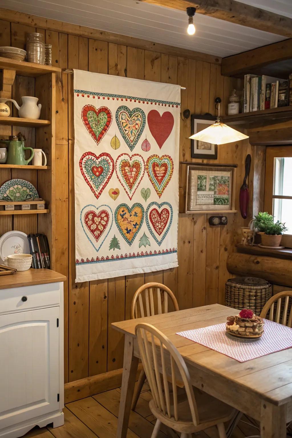 Folk art heart paintings contribute coziness and heritage.