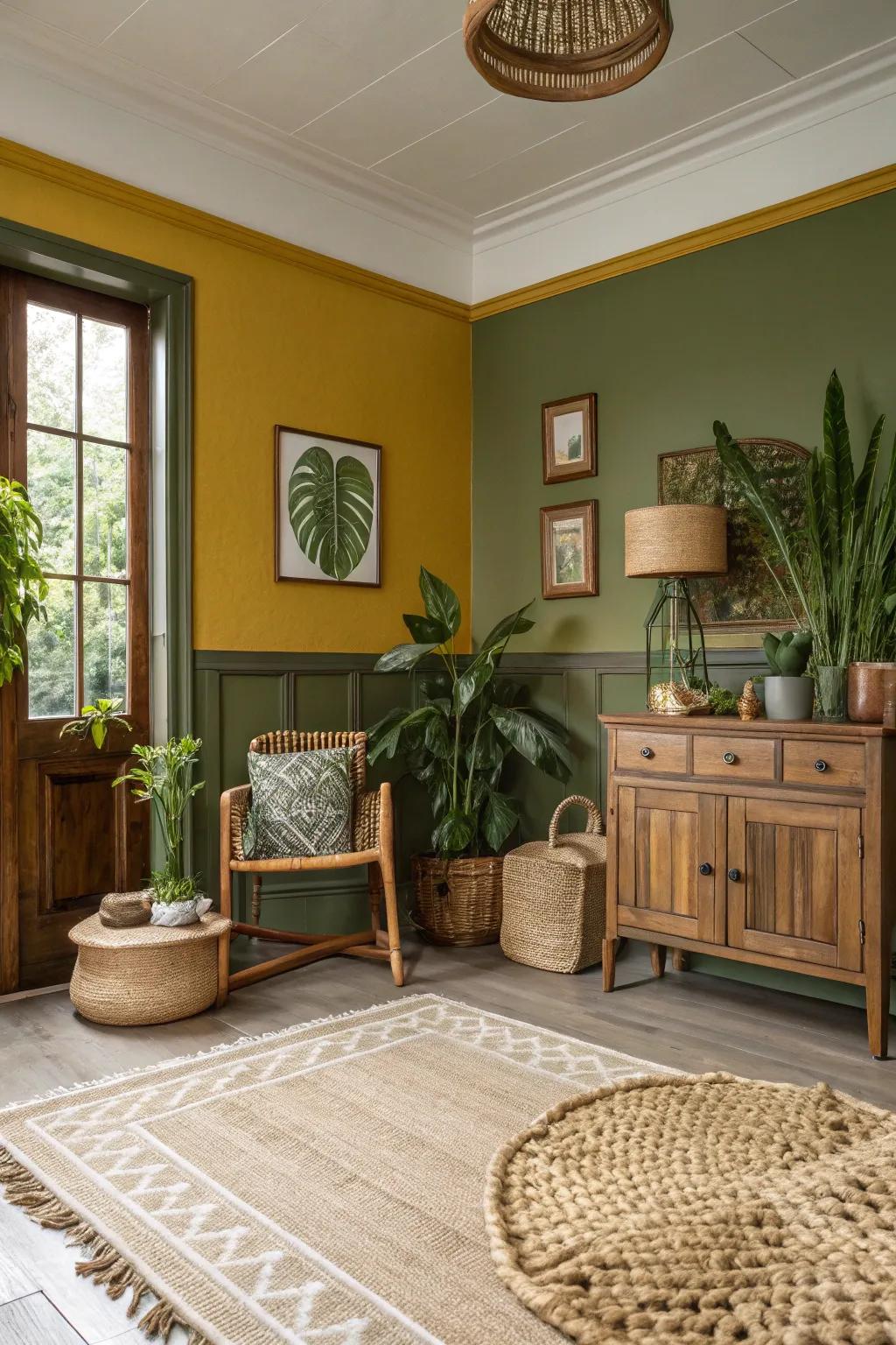 Earthy and welcoming with forest walls and saffron trim.