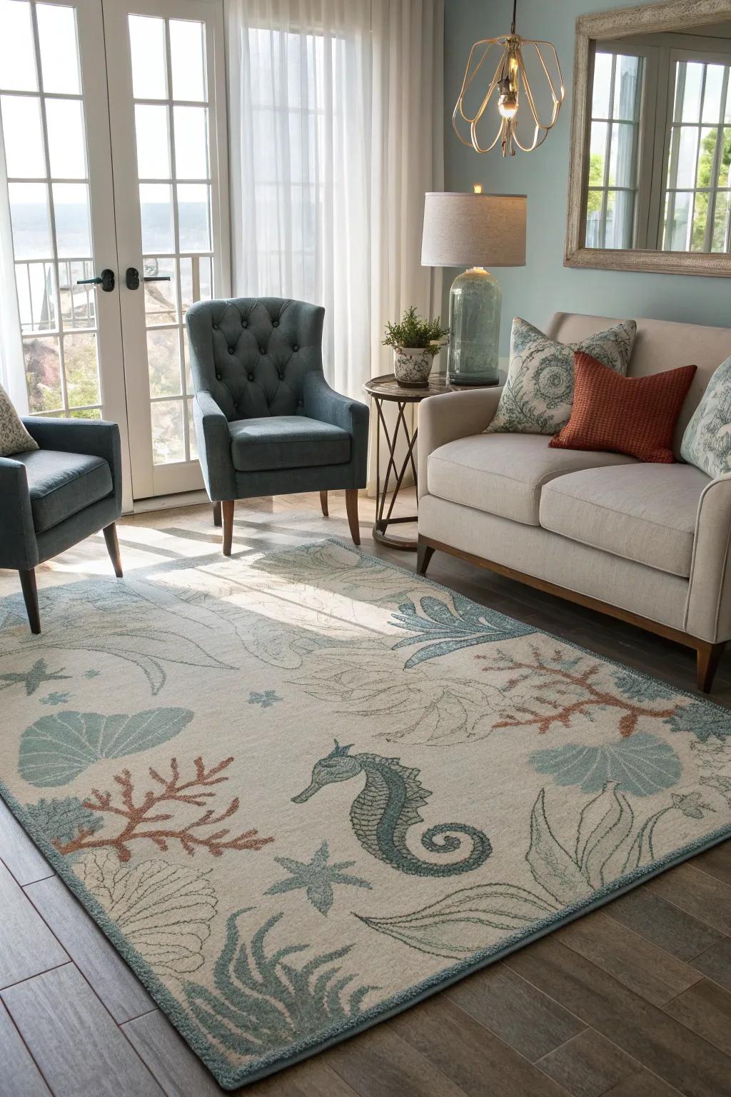 An aquatic-themed rug introduces water's essence underfoot.