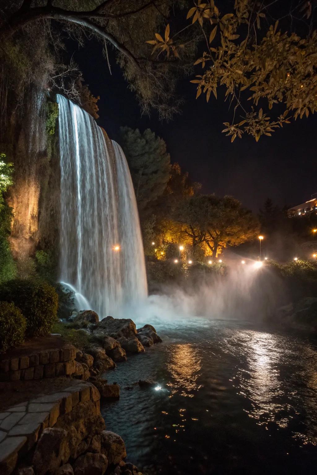 Underwater illumination transforms a waterfall into a nighttime spectacle.