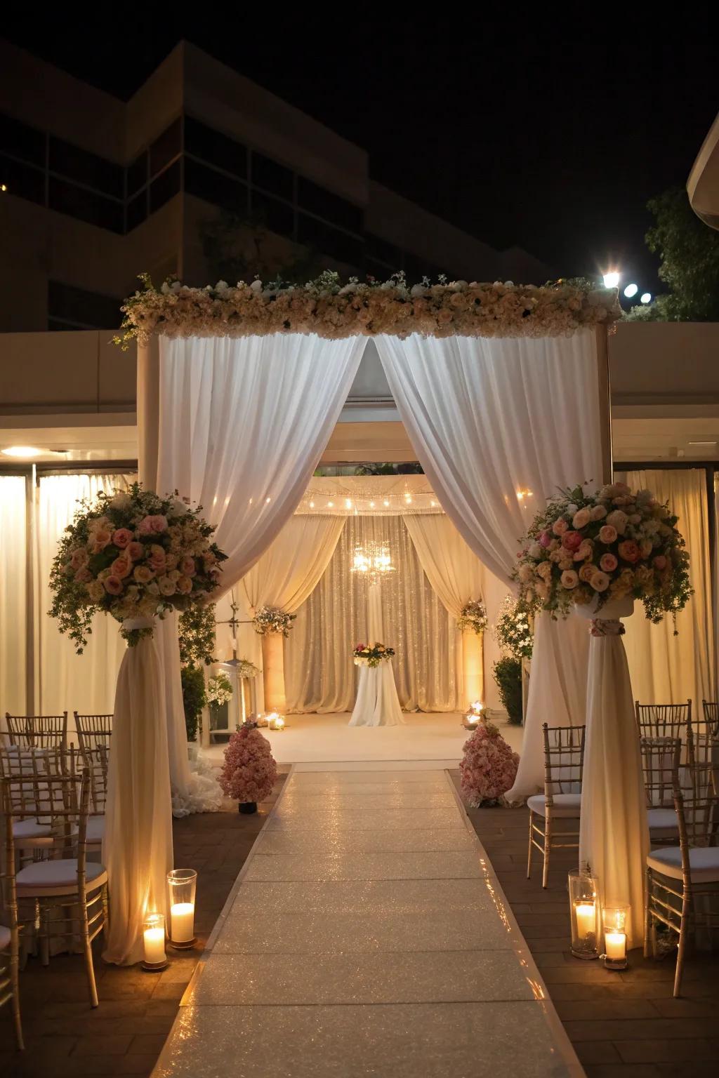 A wedding location transformed with covering, designing an intimate and amorous atmosphere.