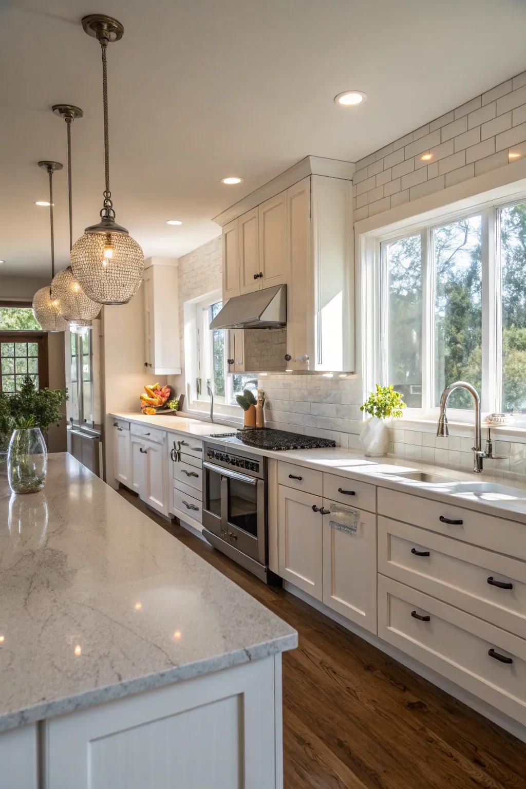 Stone composite backsplash beautifully emphasized by natural light in the kitchen.