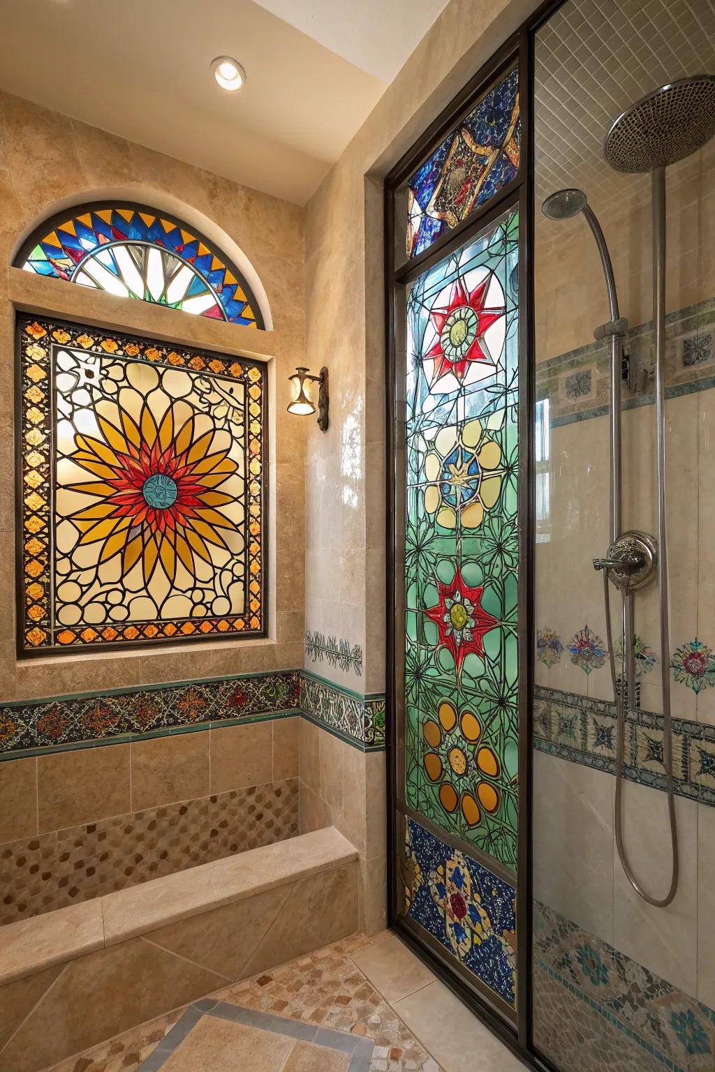 Mosaic glass infuses vibrant colors and designs into the shower window.