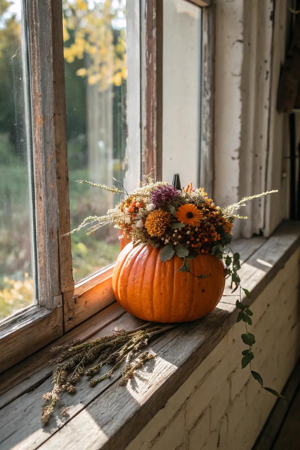 Jack-o'-lantern crowned with an enchanting floral configuration.