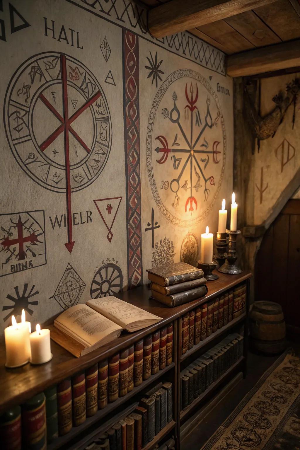 Runes and symbols infuse primeval enchantment into the chamber.
