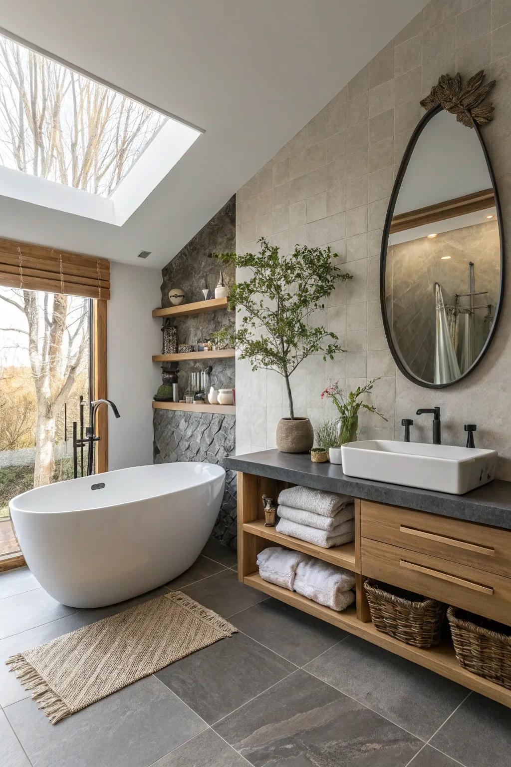 Asymmetry contributes a dynamic and unexpected element to a zen bathroom.