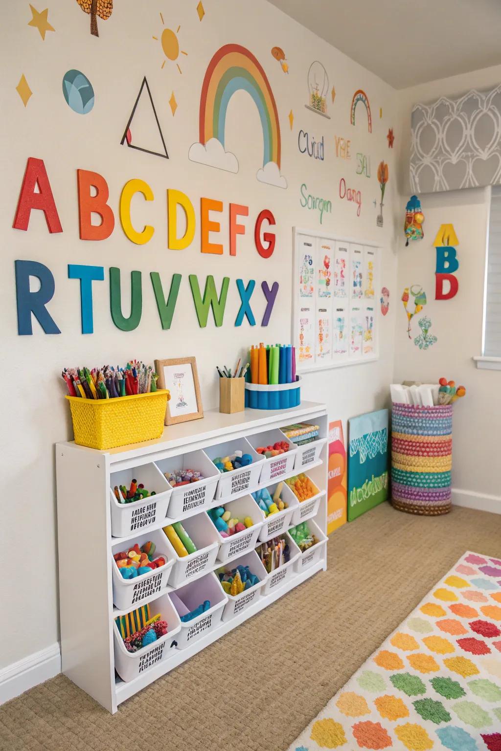 Alphabet wall art brings a lively, instructive element to the room.