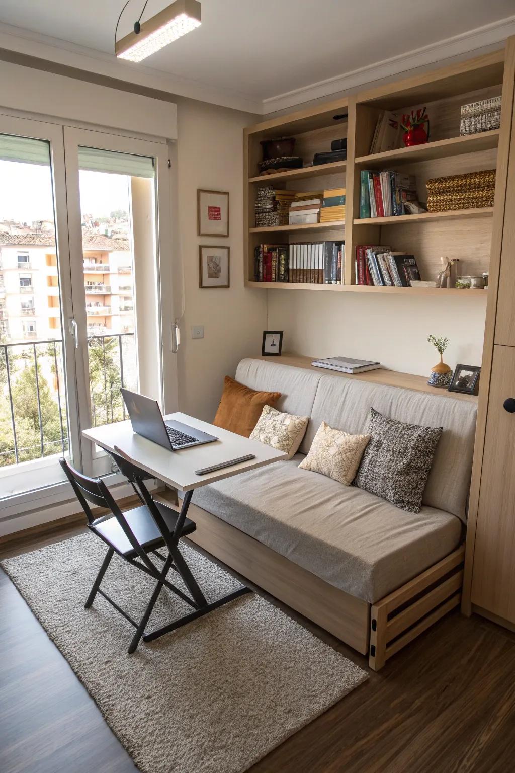 Multifunctional furniture transforms a small apartment into a versatile living space.
