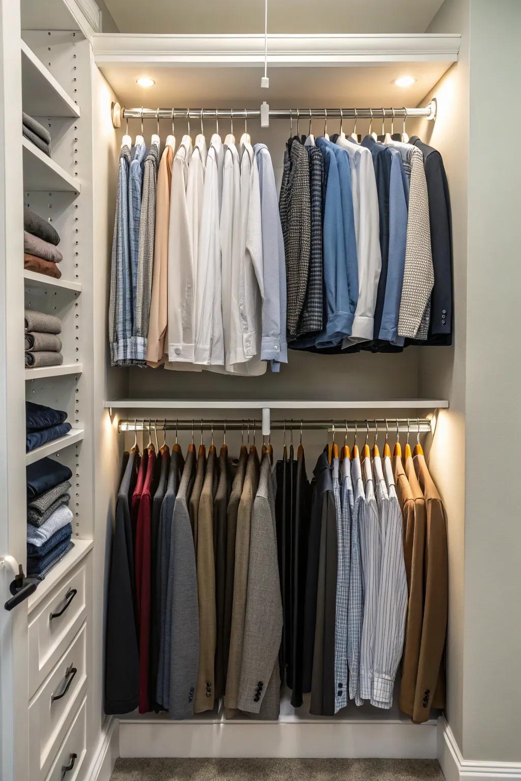 With double hanging rods, you can double the amount of space.