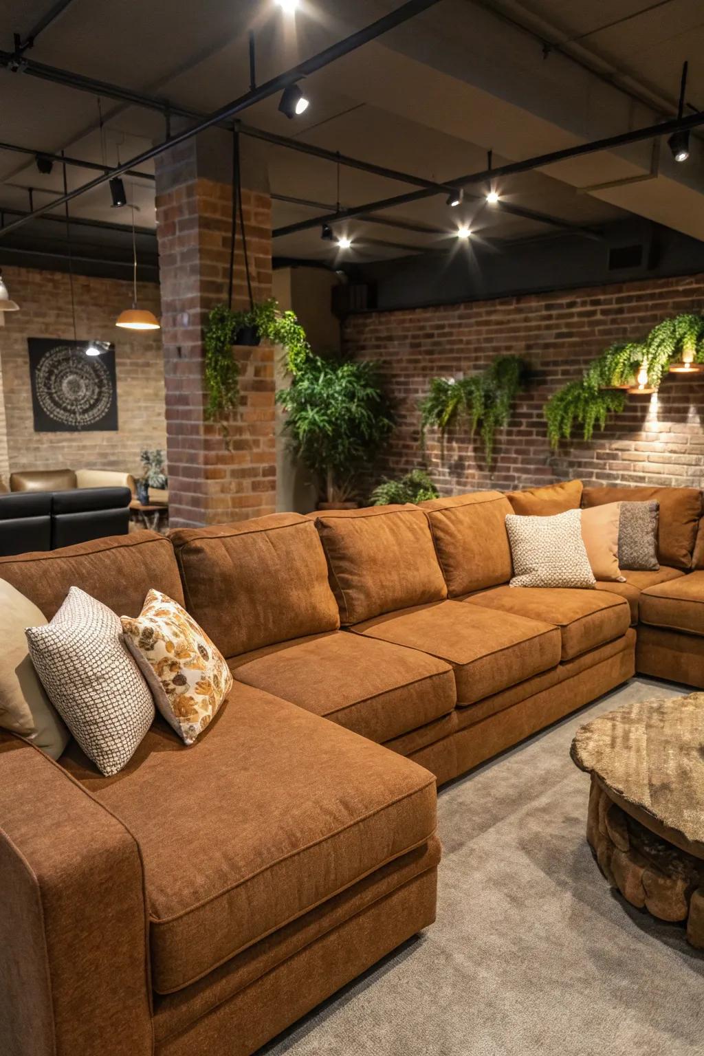 Natural shades converge to create an inviting seating zone reminiscent of the 70s.