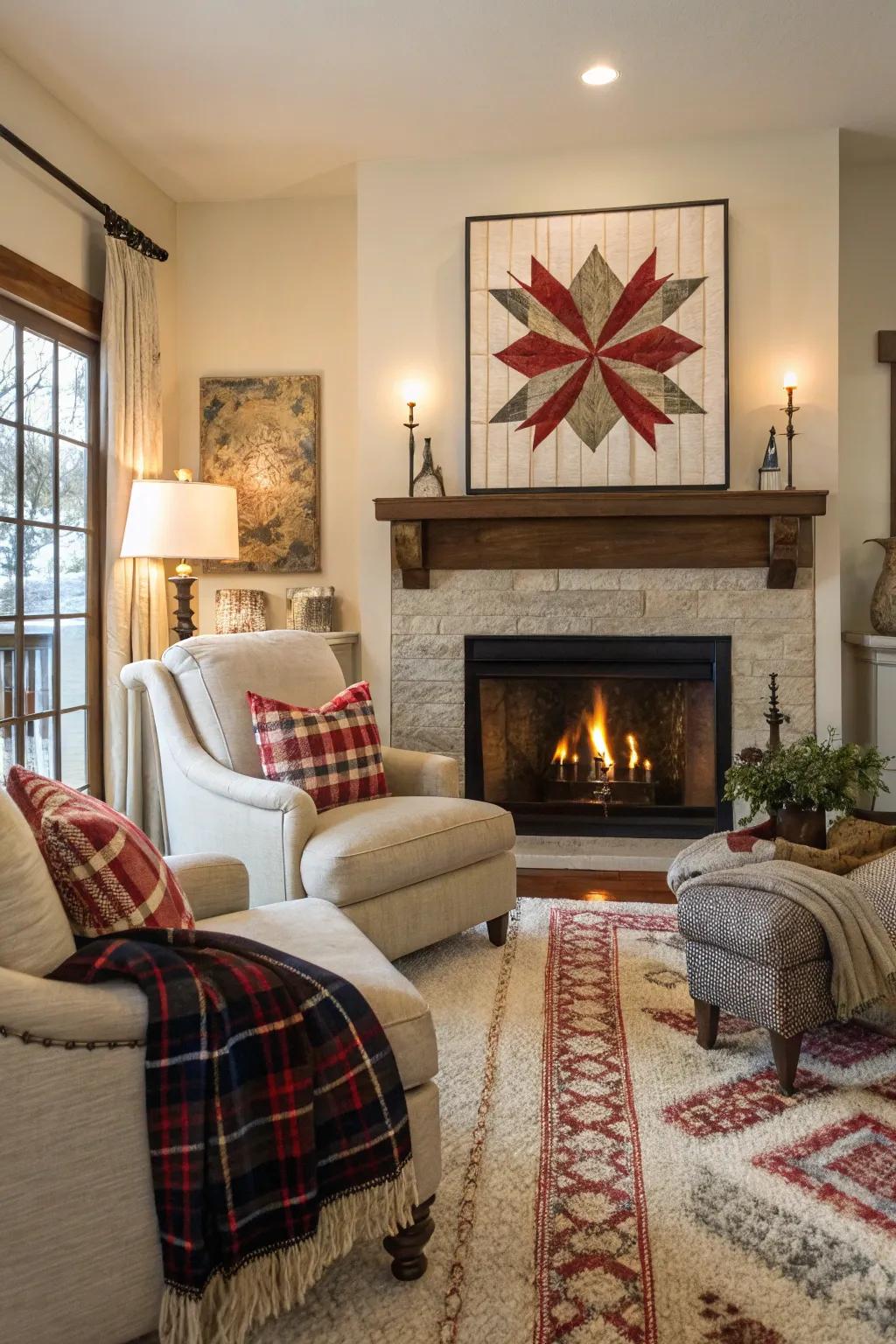 An impactful art piece infuses personality and panache above the fireplace.