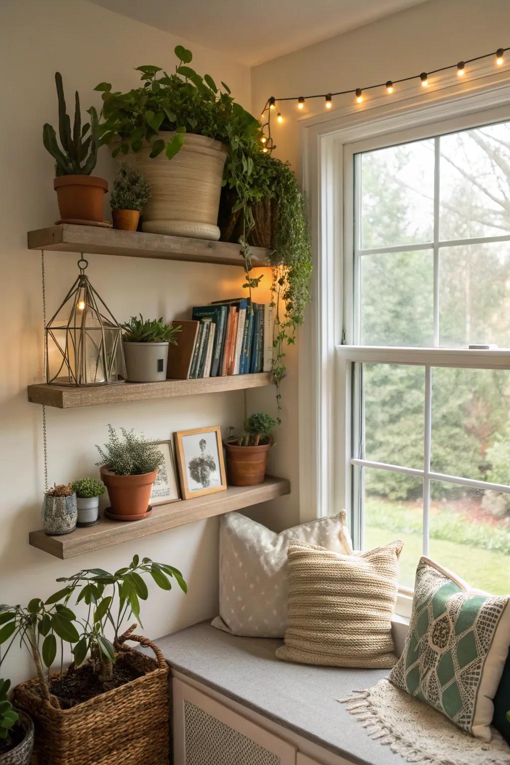 Floating shelves blend functionality and style to window areas.