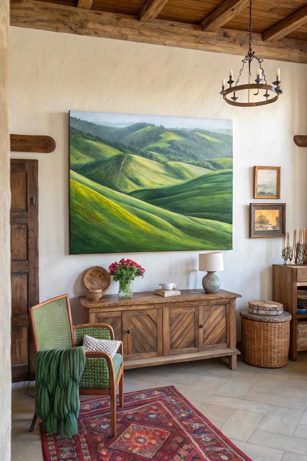 Abstract artwork of undulating meadows adding a natural touch to the room