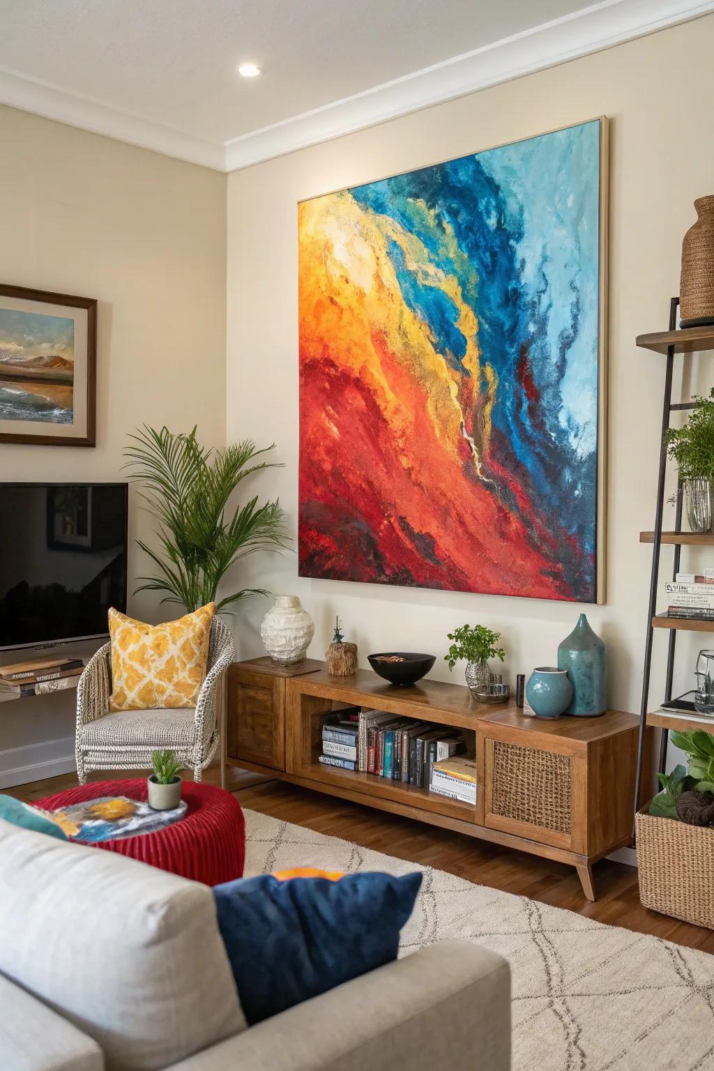 A vivid mix of hues invigorates this living room.