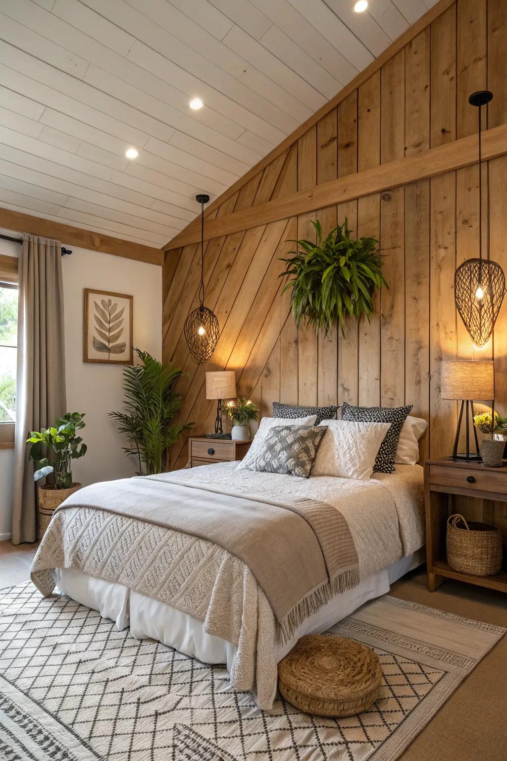 Wooden panels give a hint of nature and warmth in this quiet bedroom environment.