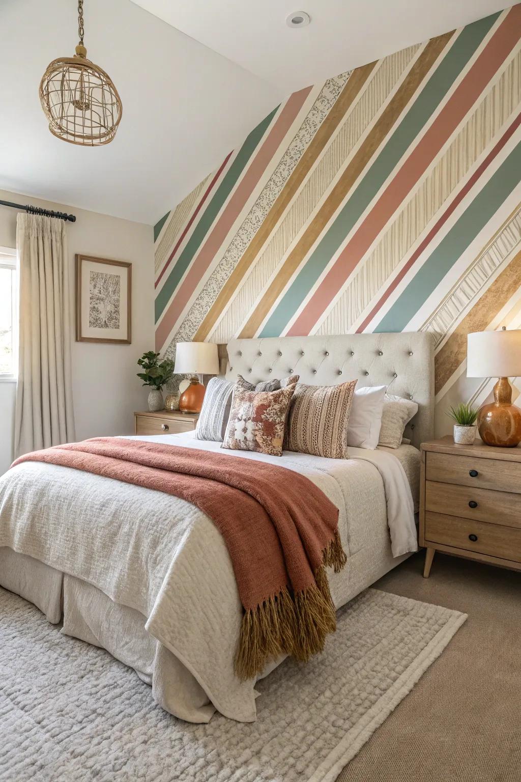 A bedroom with a striking striped accent wall.