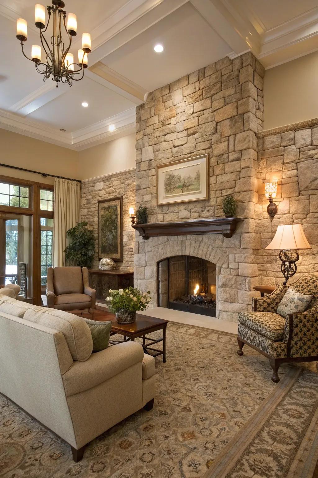 The textured stone accent wall brings a sense of elegance and coziness.