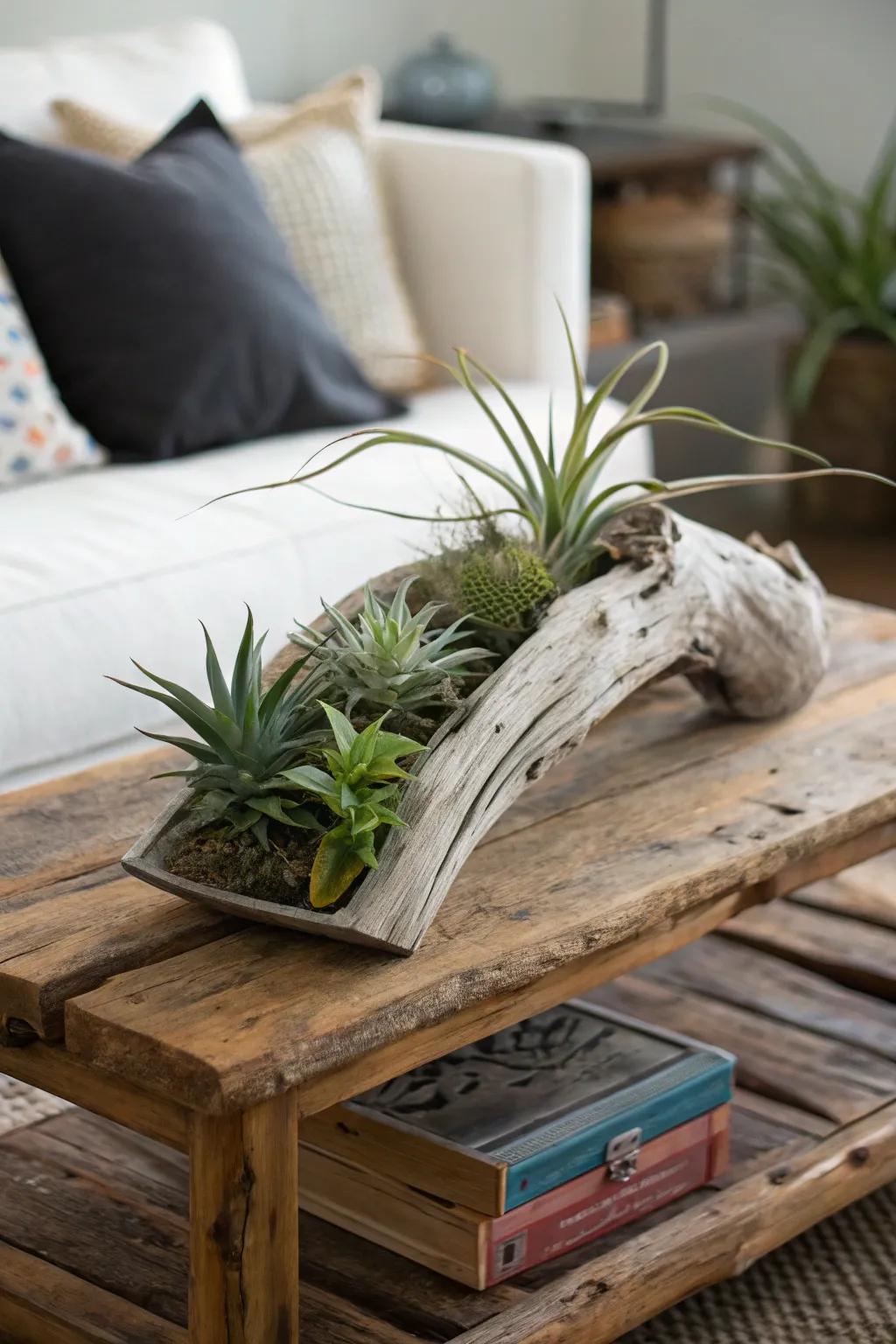Driftwood imparts a naturally rustic charm to air plant presentations.