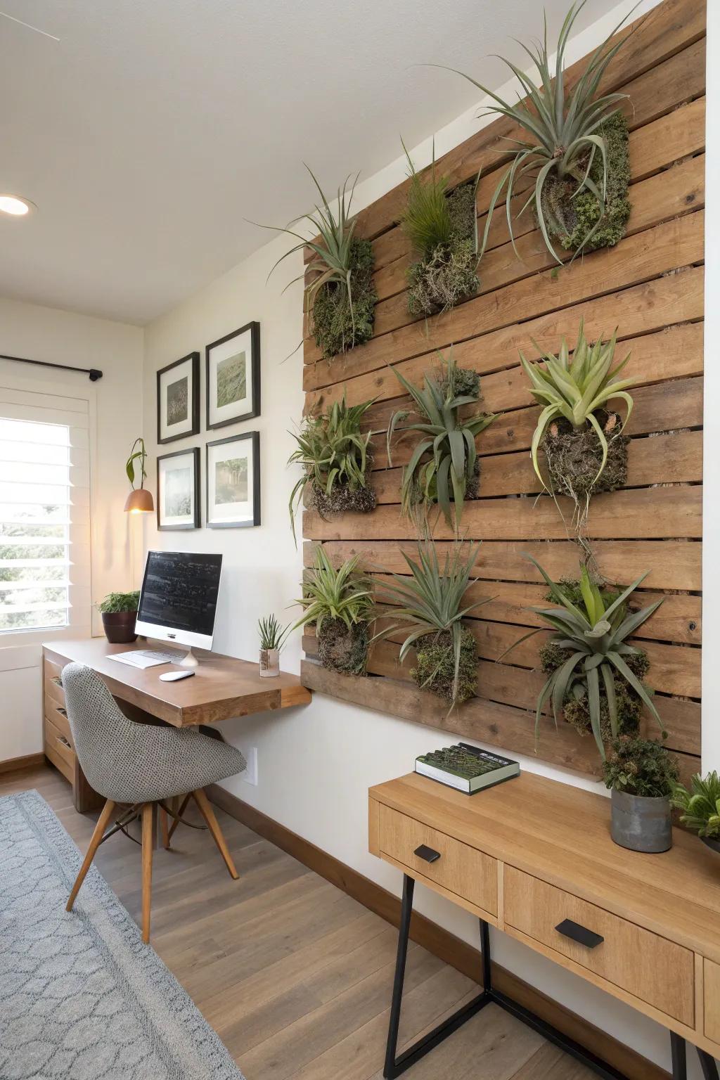 Air plant display mounted on a wall in an office setting.