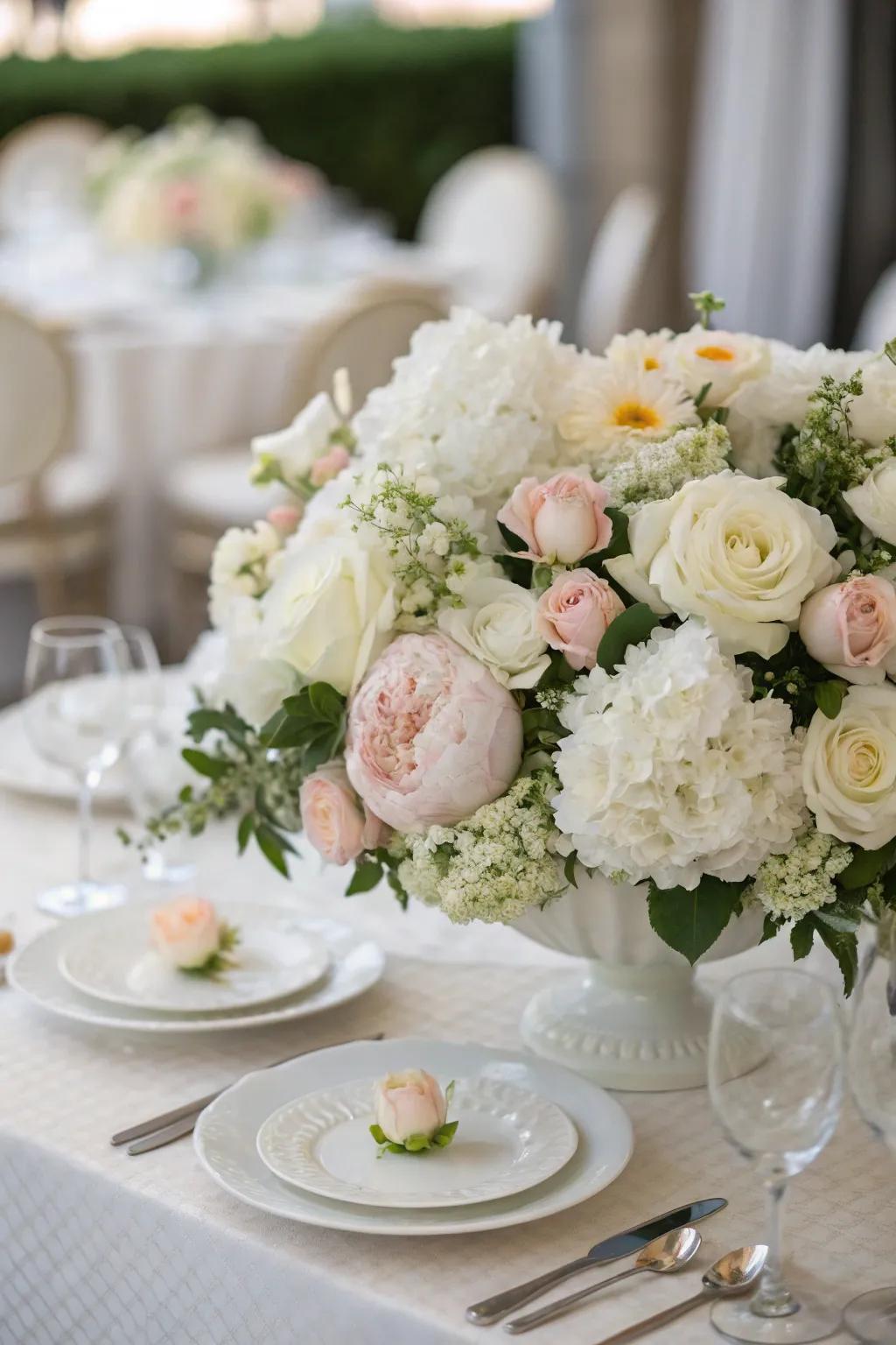 Extravagant white floral displays imbue a sense of grace to any celebratory environment.