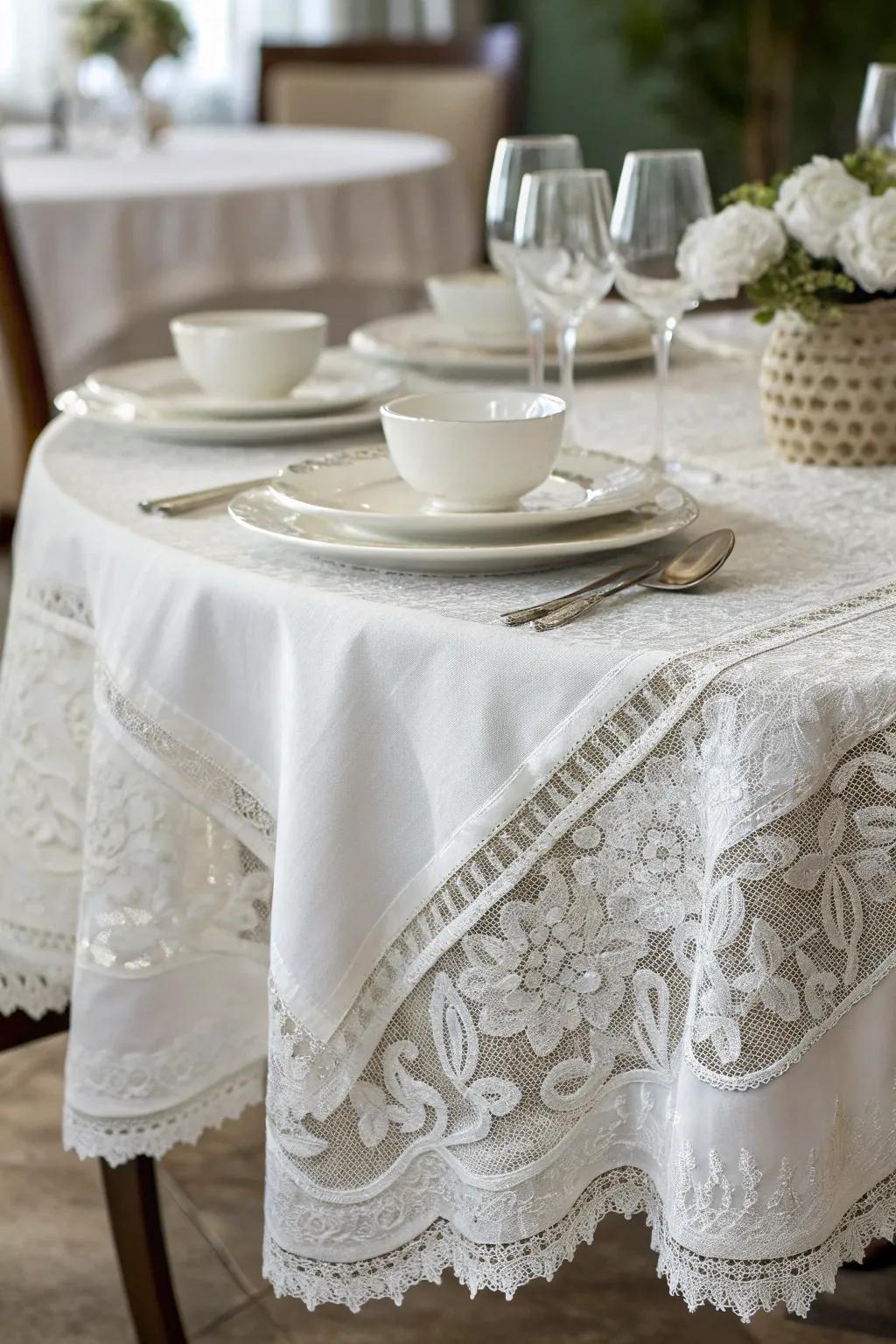 Layered white linens enhance the dinner table with sophistication and texture.
