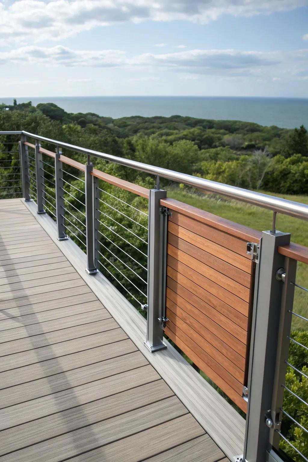 A chic fusion of aluminum and timber railings on a deck.
