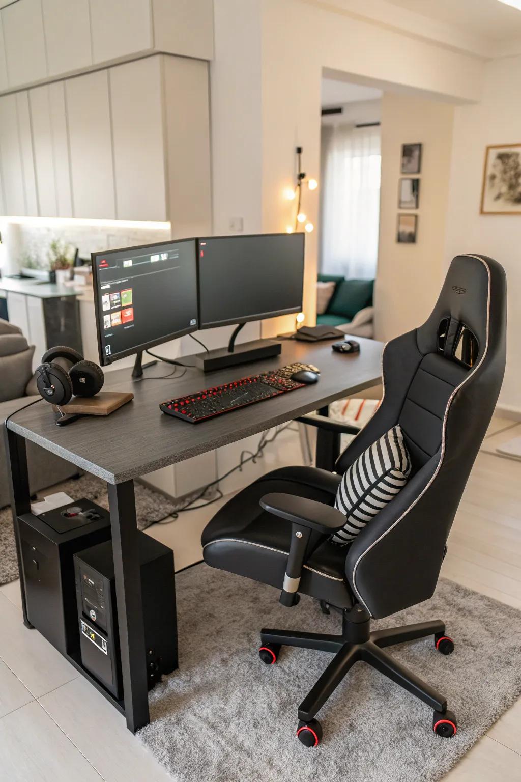 A thoughtfully arranged gaming station blends visual appeal with practicality.