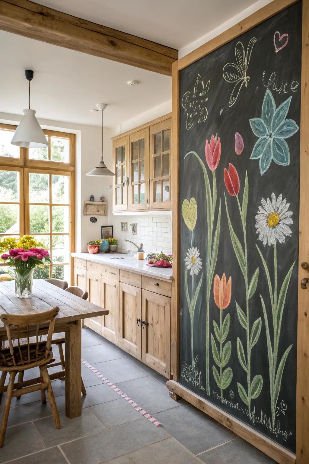 Floral fantasy blooms on a chalkboard.