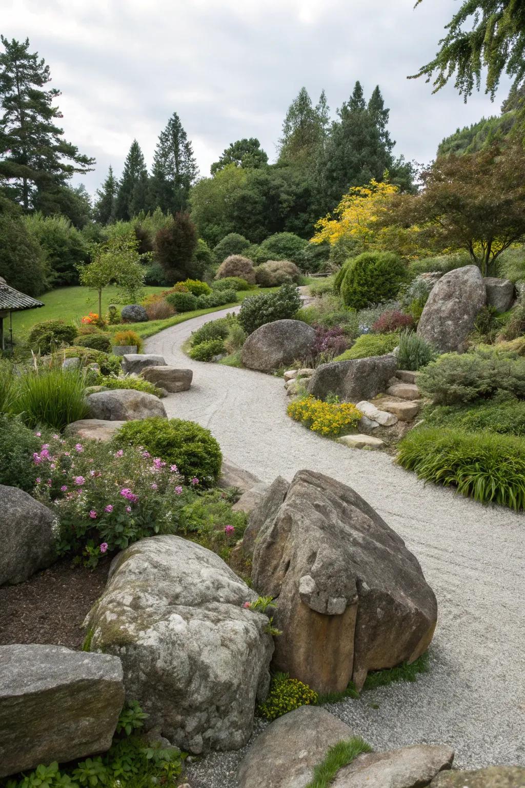 Rock features providing texture and interest in the garden.