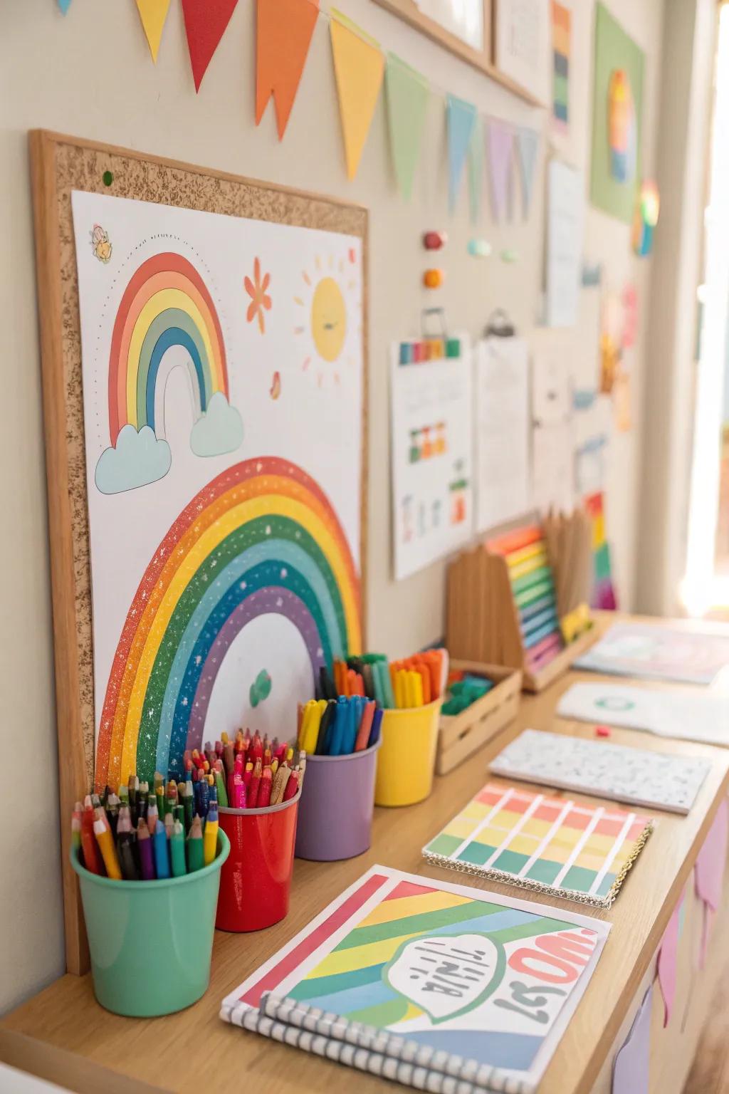 A rainbow-themed bulletin board brimming with vibrant colors and art resources.