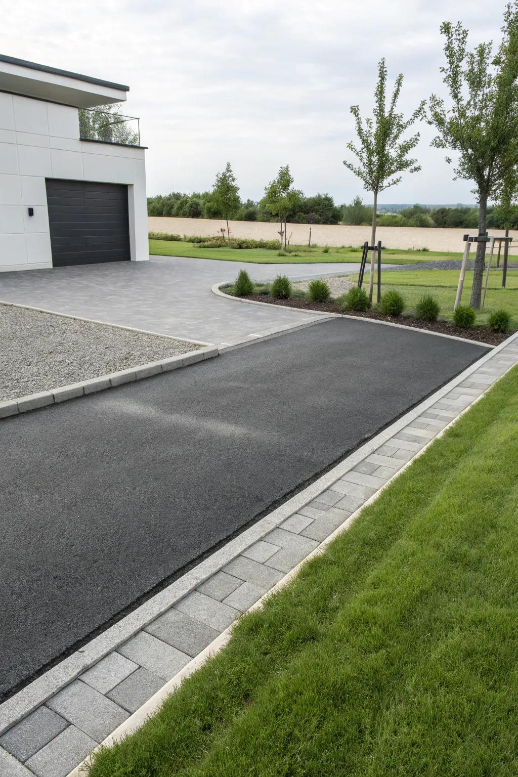 Slab pavers conjure a sleek, up-to-date border for this stylish driveway.