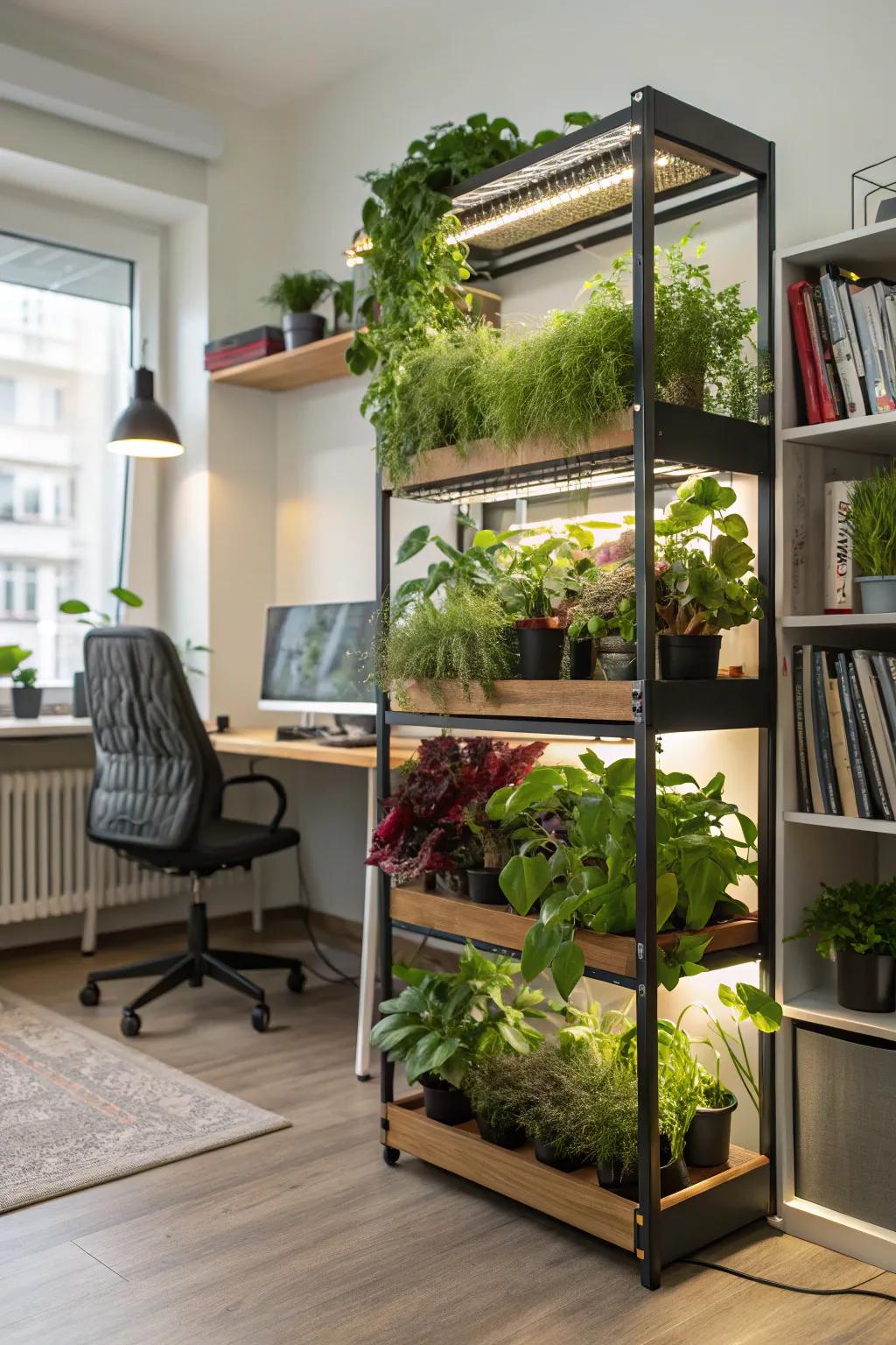 Vertical shelving, enhanced by integrated grow lights, showcasing vibrant greenery.