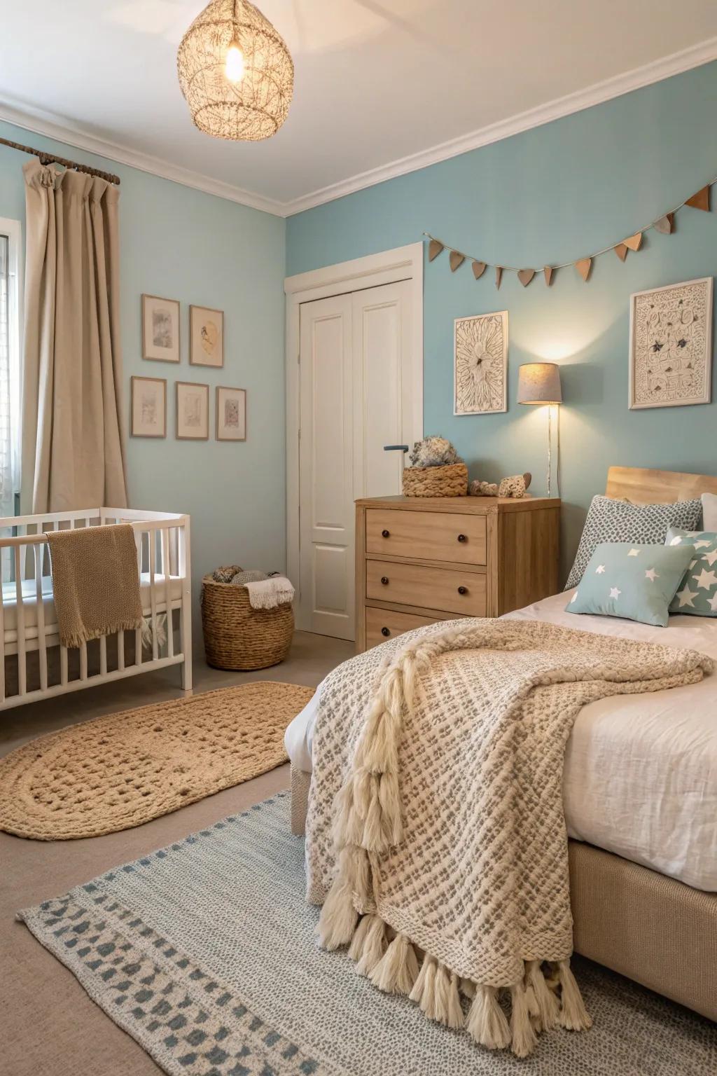 Warm soft hues mix smoothly with pale sky for a comforting bedroom ambiance.