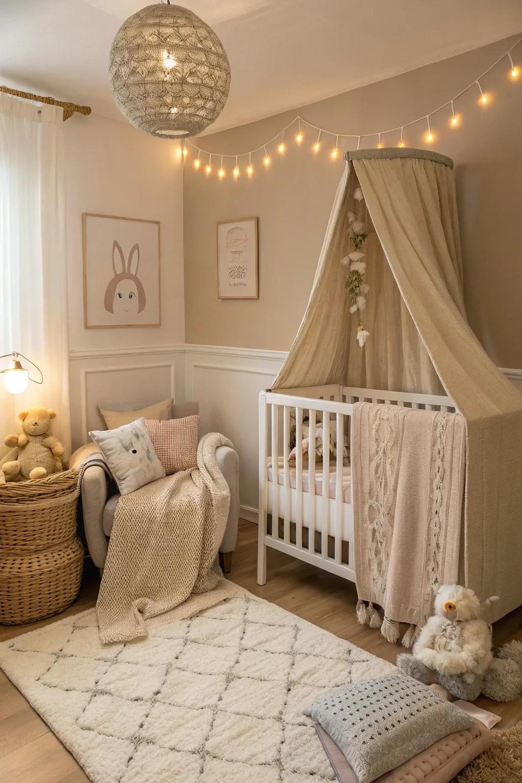 Gentle shades help establish a peaceful and unified baby area in any bedroom.