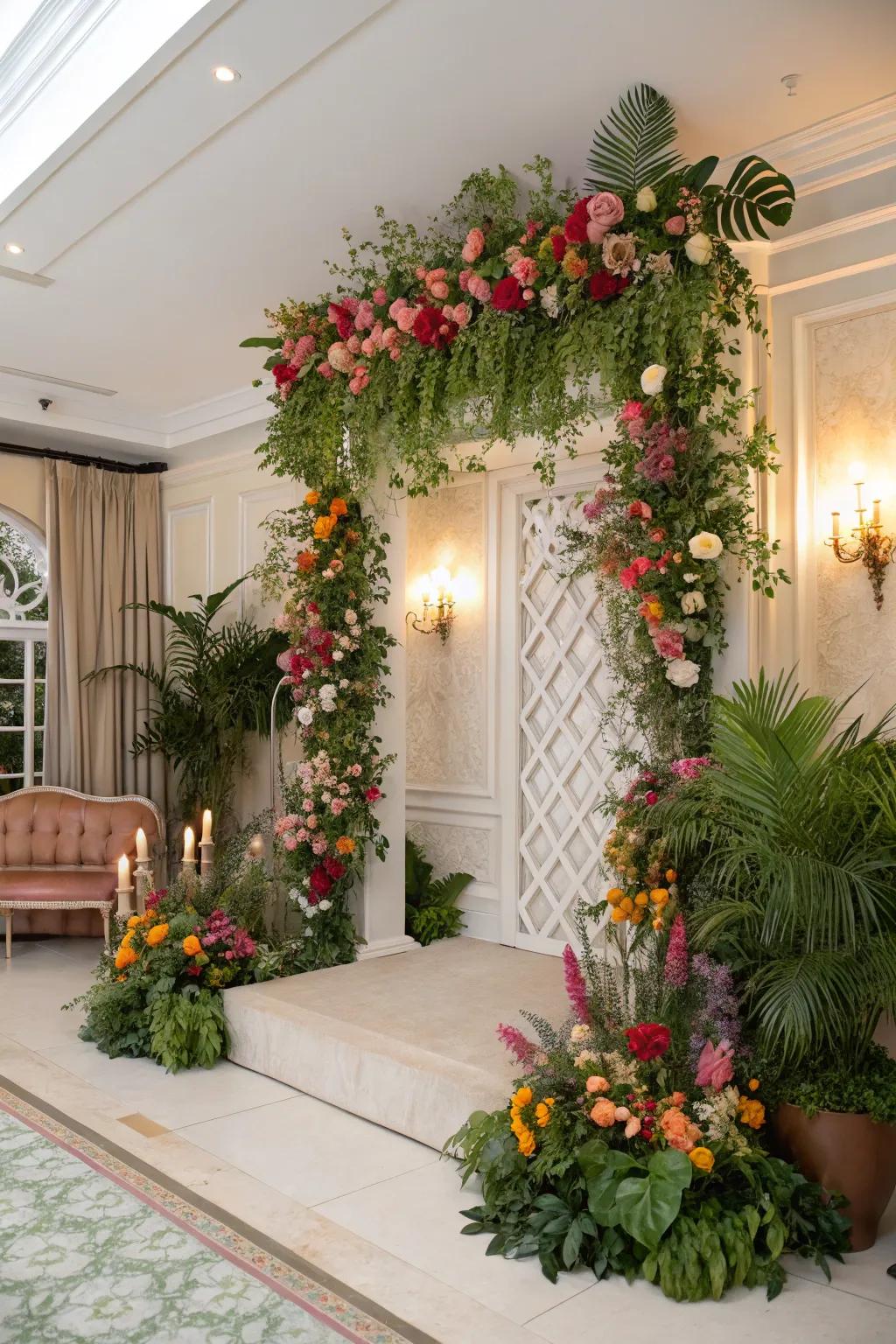 Design a tranquil setting with an opulent floral backdrop.