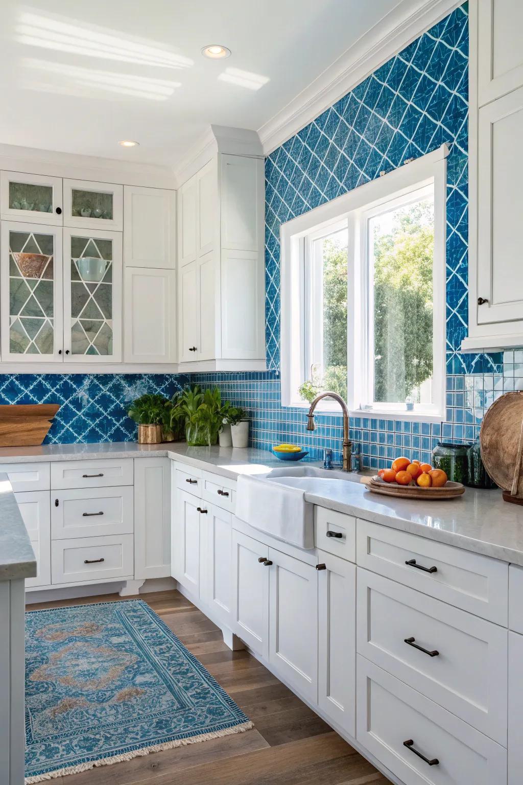 A vibrant cerulean backsplash introduces a refreshing color highlight