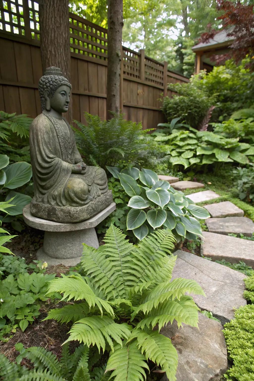 Abundant greenery creates a comforting setting for your Buddha statue.