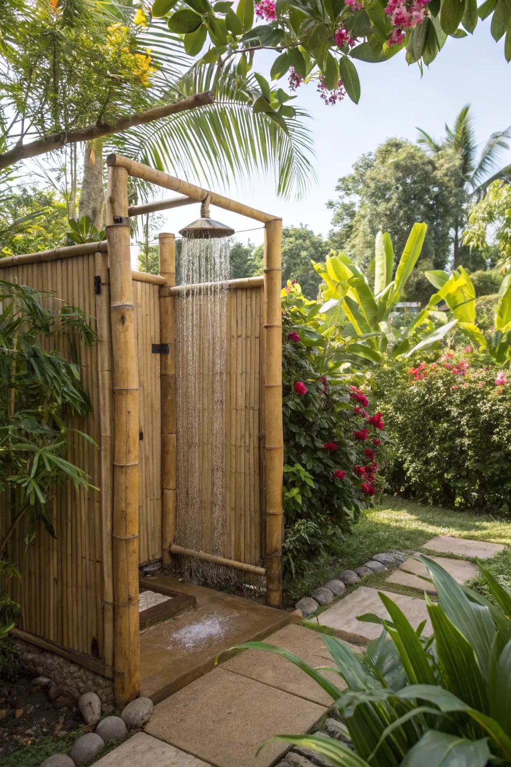 An exotic paradise outdoor rinsing station featuring bamboo walls and plentiful vegetation.