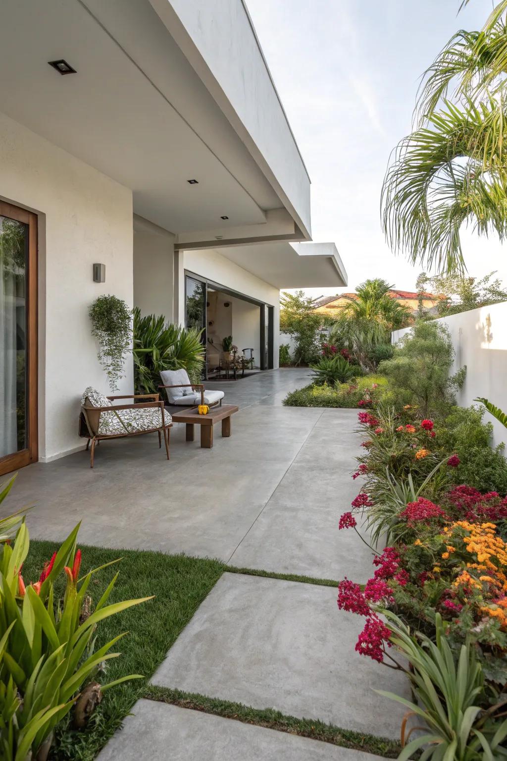 Sleek concrete slabs form a cutting-edge, minimalist patio.