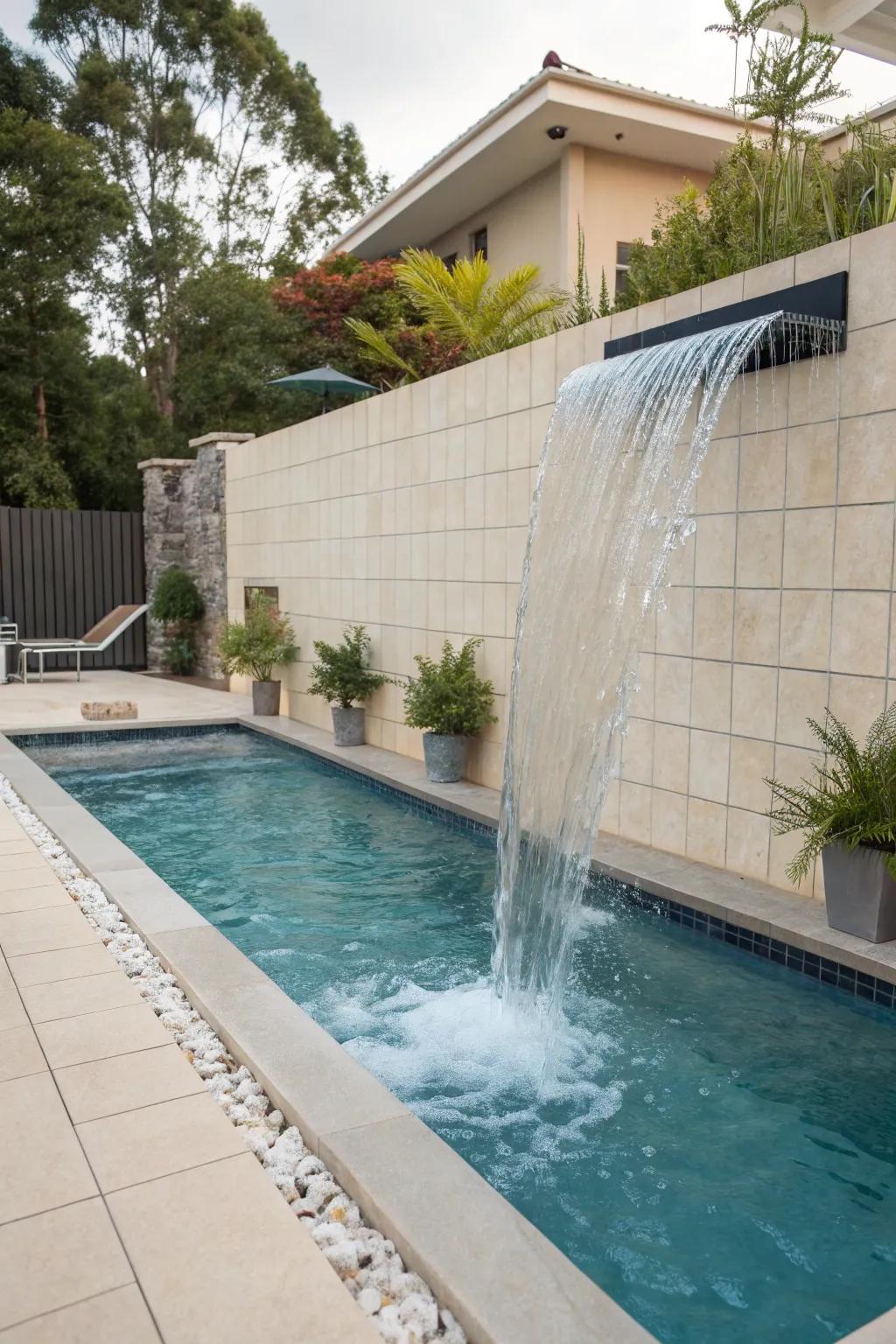 A sheer descent waterfall presents a minimalist and sophisticated aesthetic.