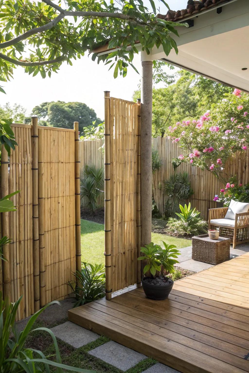 Cane screens provide quick privacy with a tropical feel.