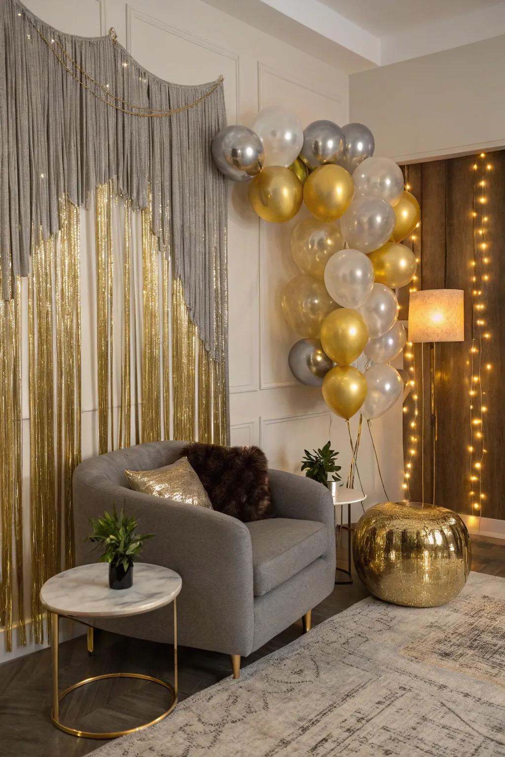 An alluring metallic fringe and balloon backdrop for celebratory occasions.