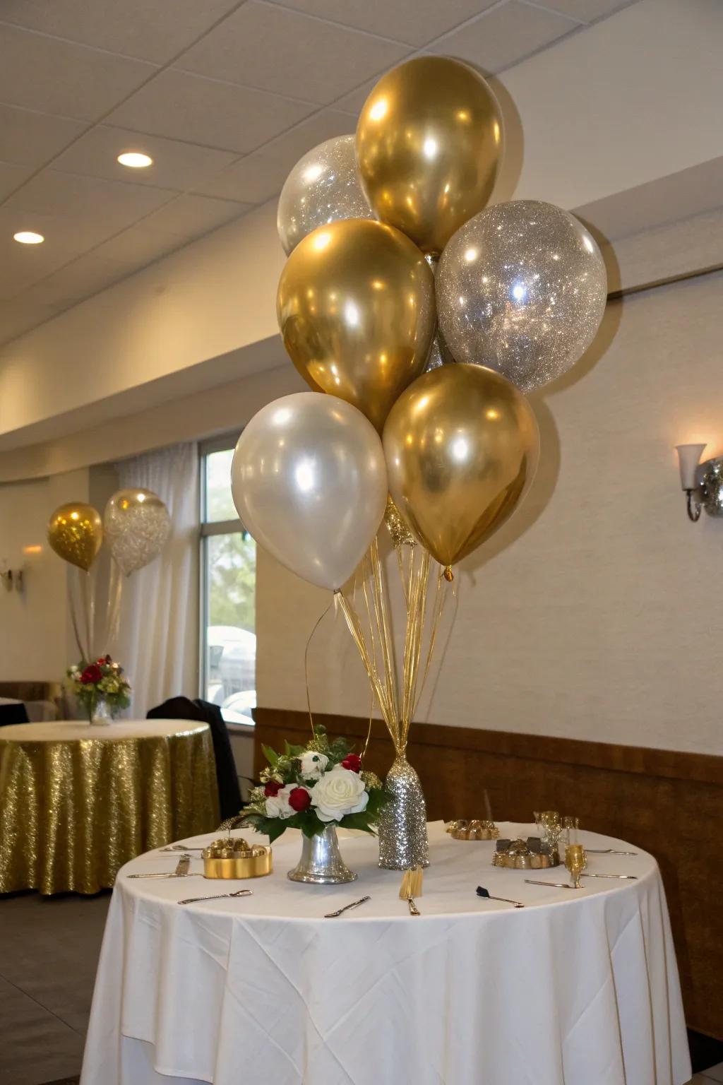 Elegant metallic balloons bring about a sophisticated radiance.