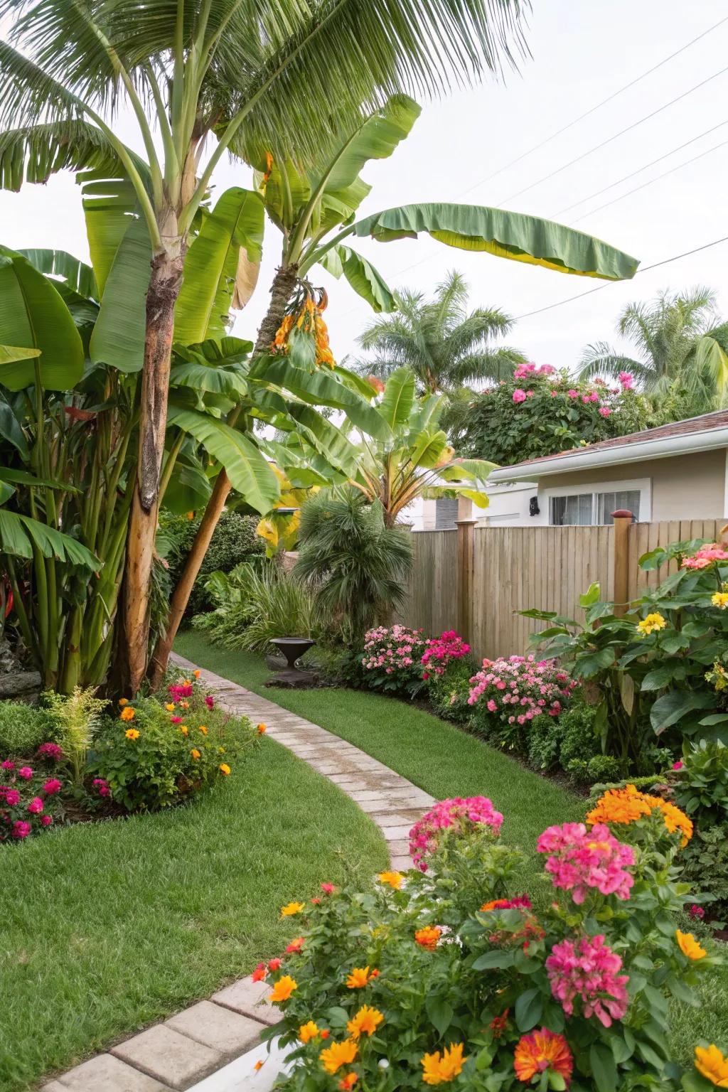 Fuse 'nana plants' with radiant blossoms for a lively garden scenery.