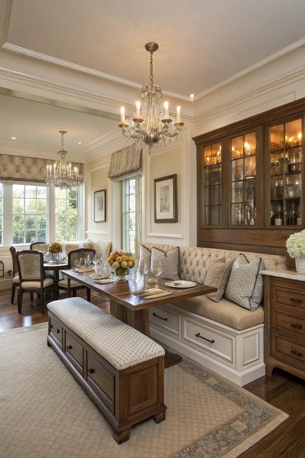 Banquette seating presents smart built-in storage, merging visual appeal with practical use.