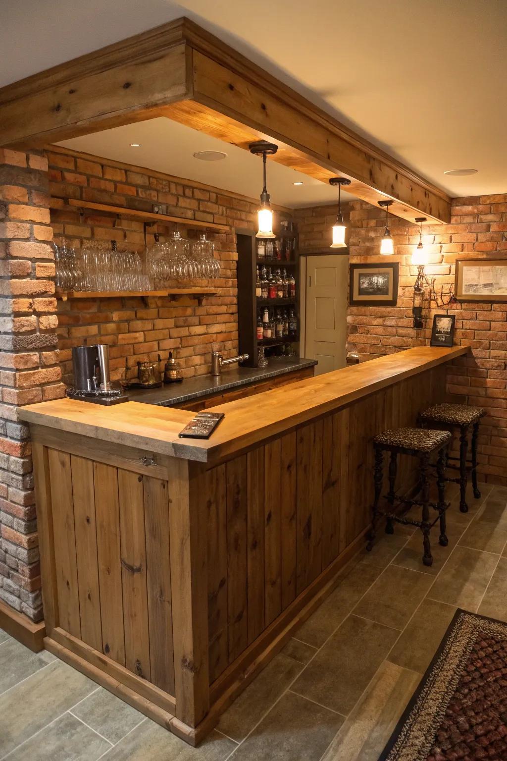 A down-to-earth home bar boasting a charming brick backsplash complemented by wood countertops.
